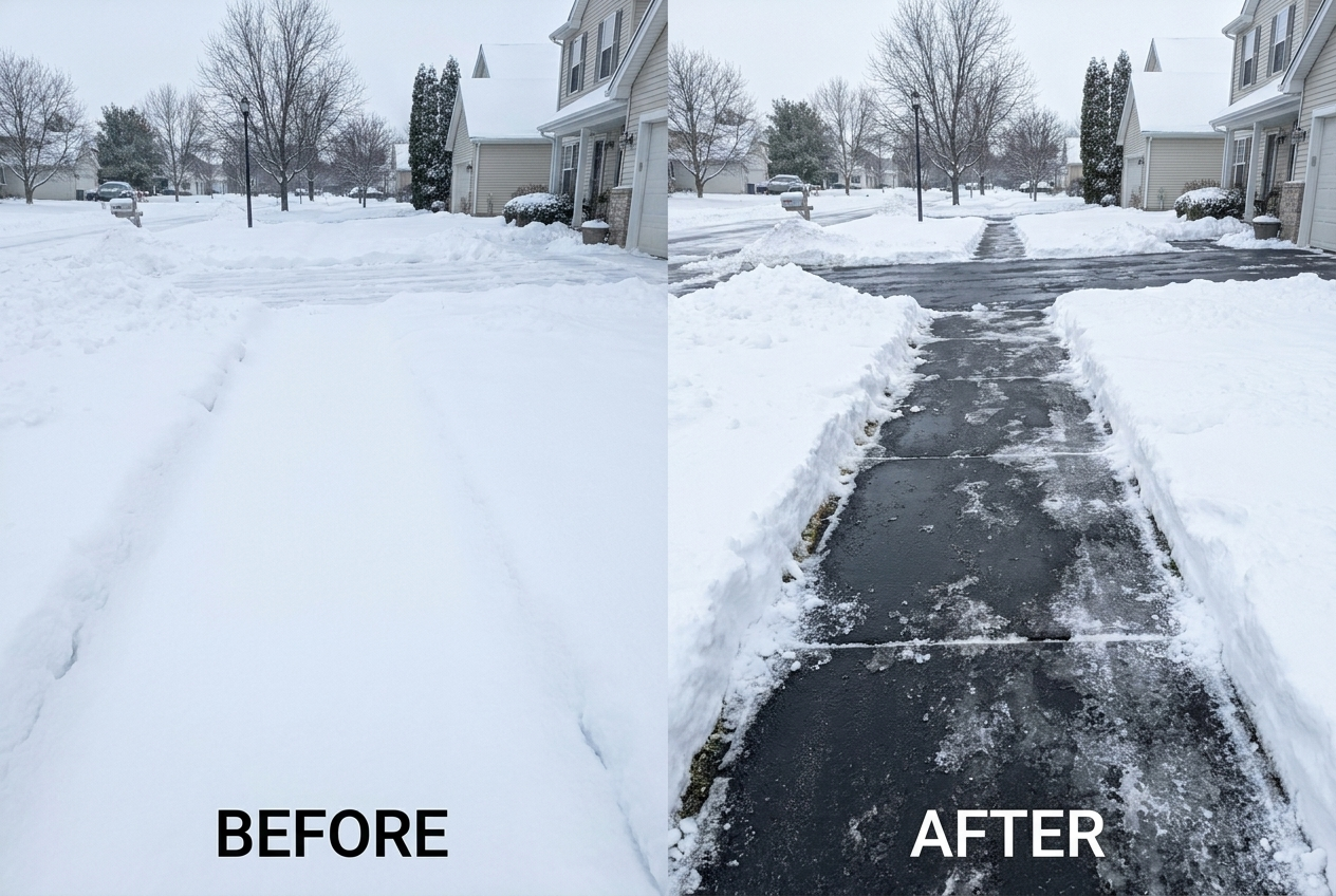 Sidewalk snow removal before and after