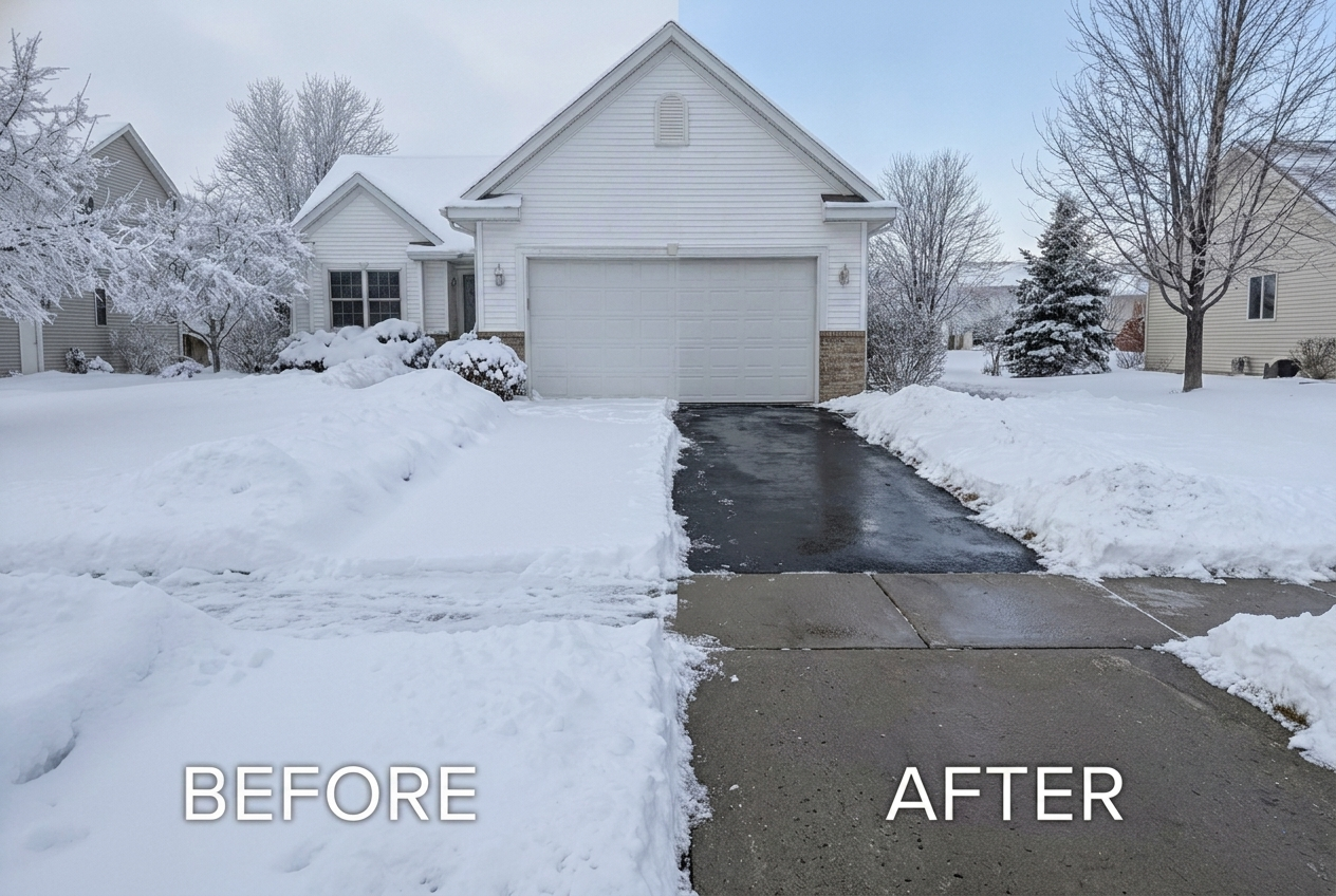 Driveway snow removal before and after