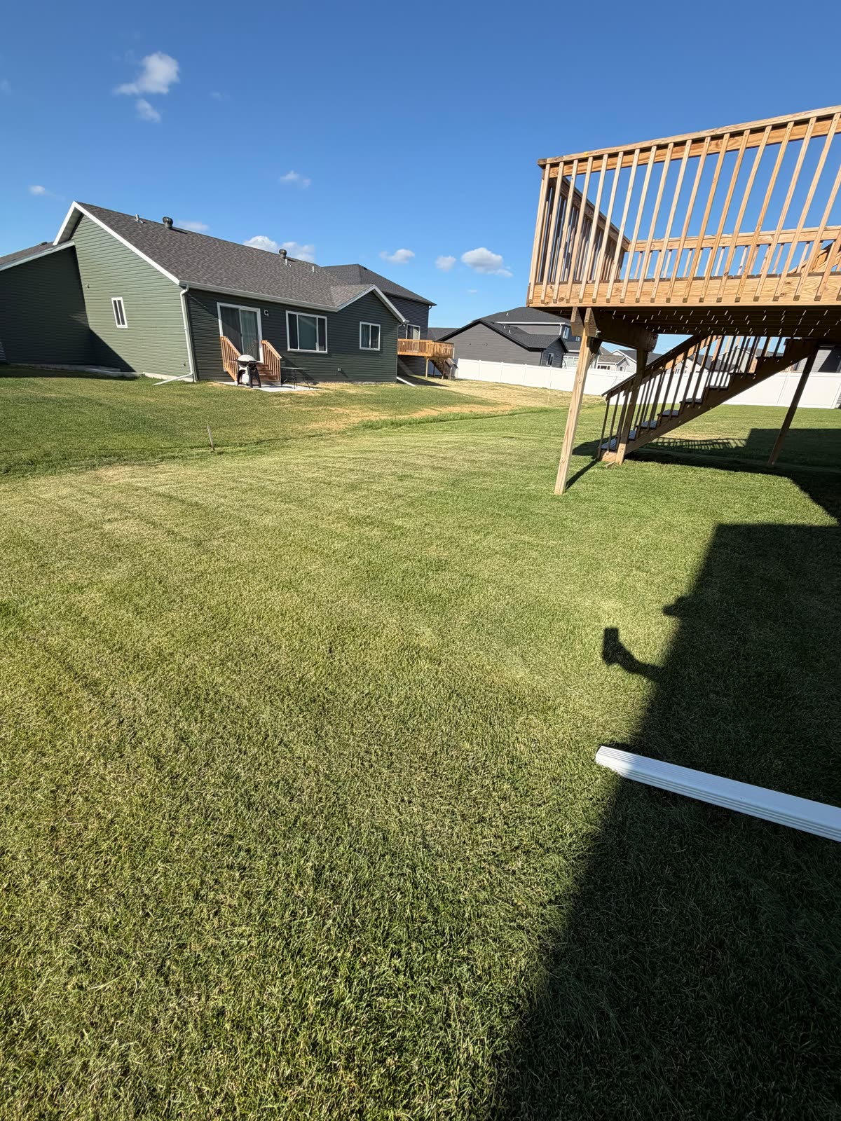 Freshly mowed backyard lawn with clean cut lines in Fargo